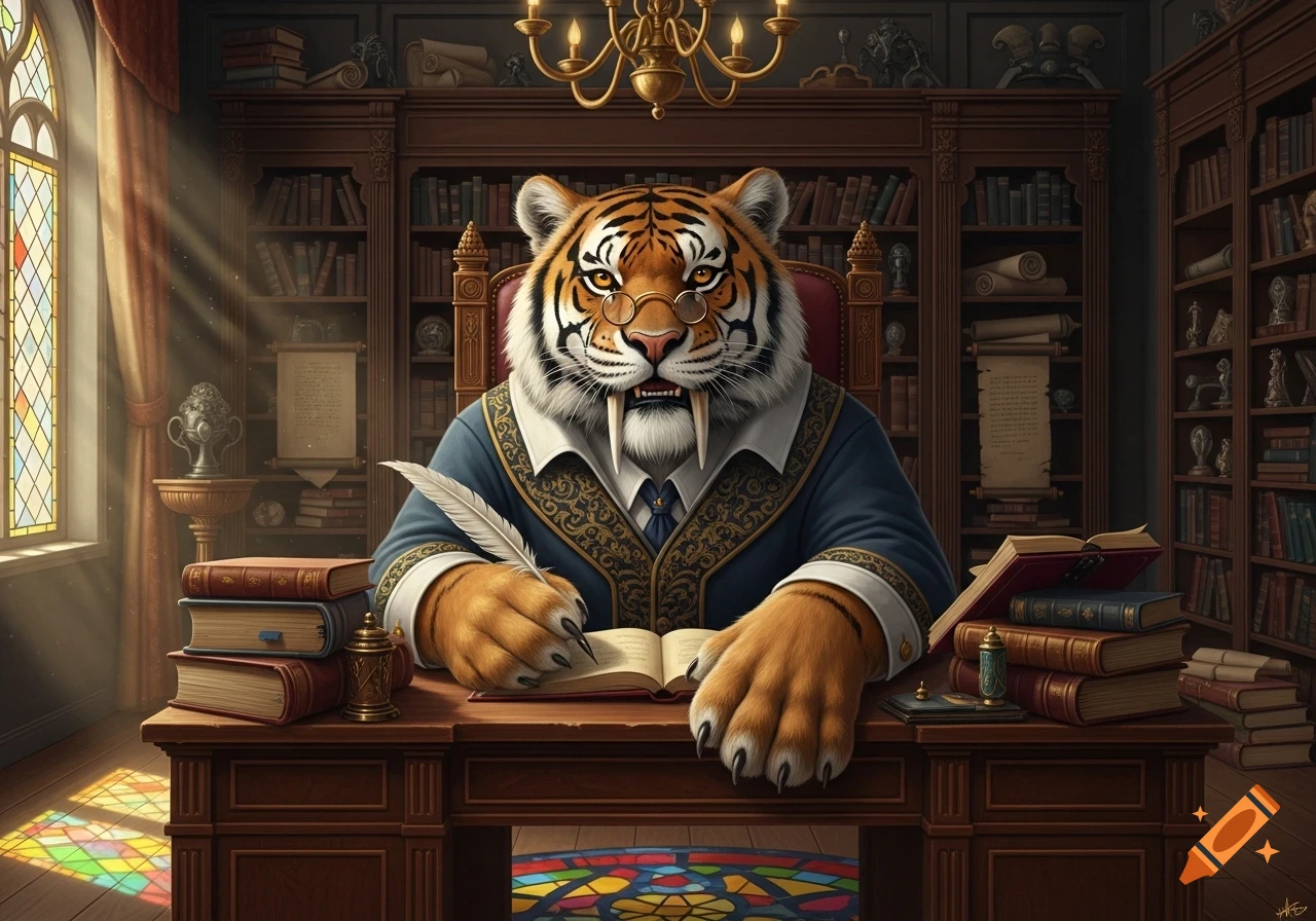 A distinguished saber-toothed tiger wearing glasses and a professor's robe sits at a wooden desk in a grand library, writing with a quill in an open book.