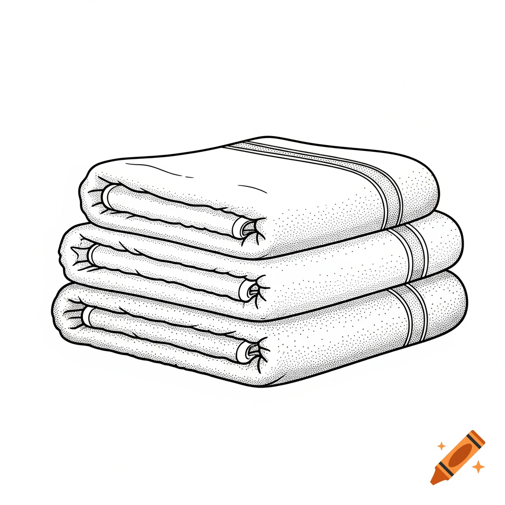 A stack of three folded towels rendered in black and white line art with stippling texture, on a white background.