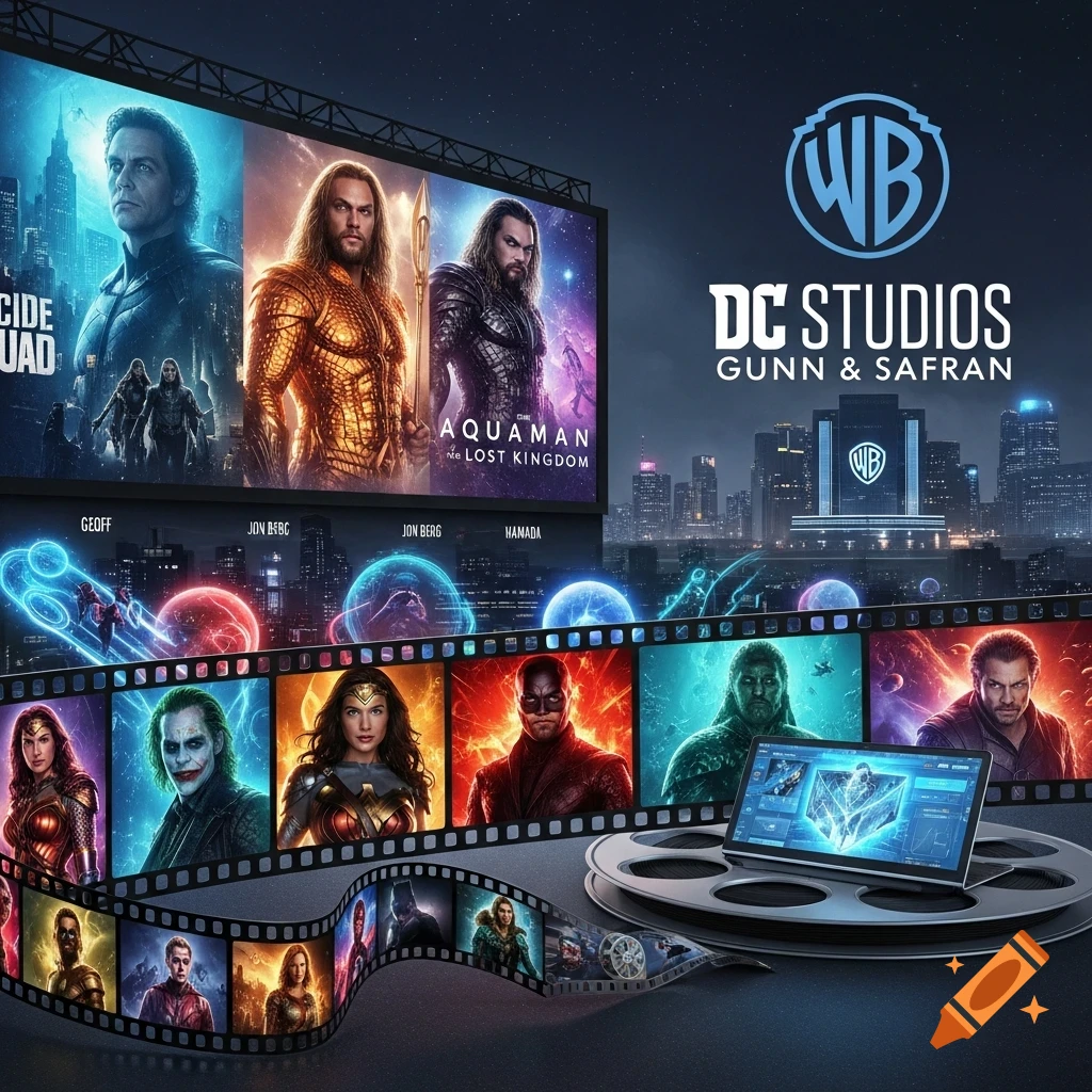 DC Studios promotional art with movie posters, a filmstrip of characters like Wonder Woman and Joker, WB logo, and a cityscape.