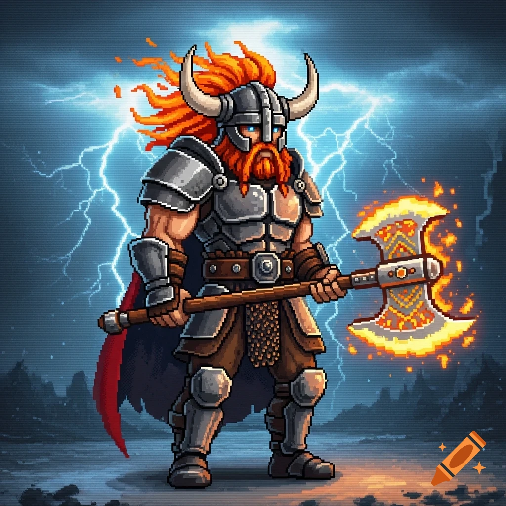 Pixel art depiction of a muscular viking warrior in horned helmet and armor, holding a glowing axe with lightning in the background.