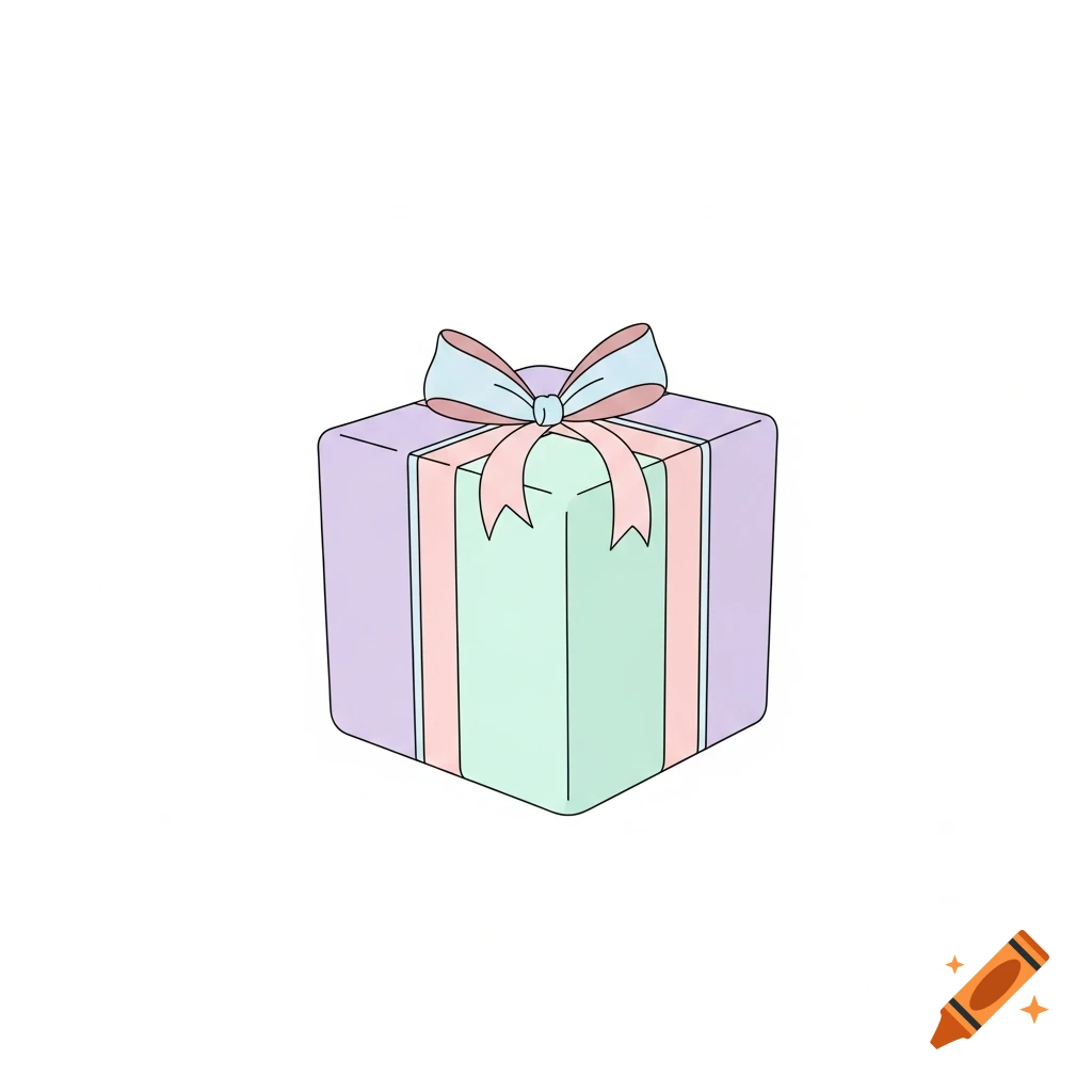Minimalist illustration of a pastel purple and green gift box with a pink and blue bow on a white background.