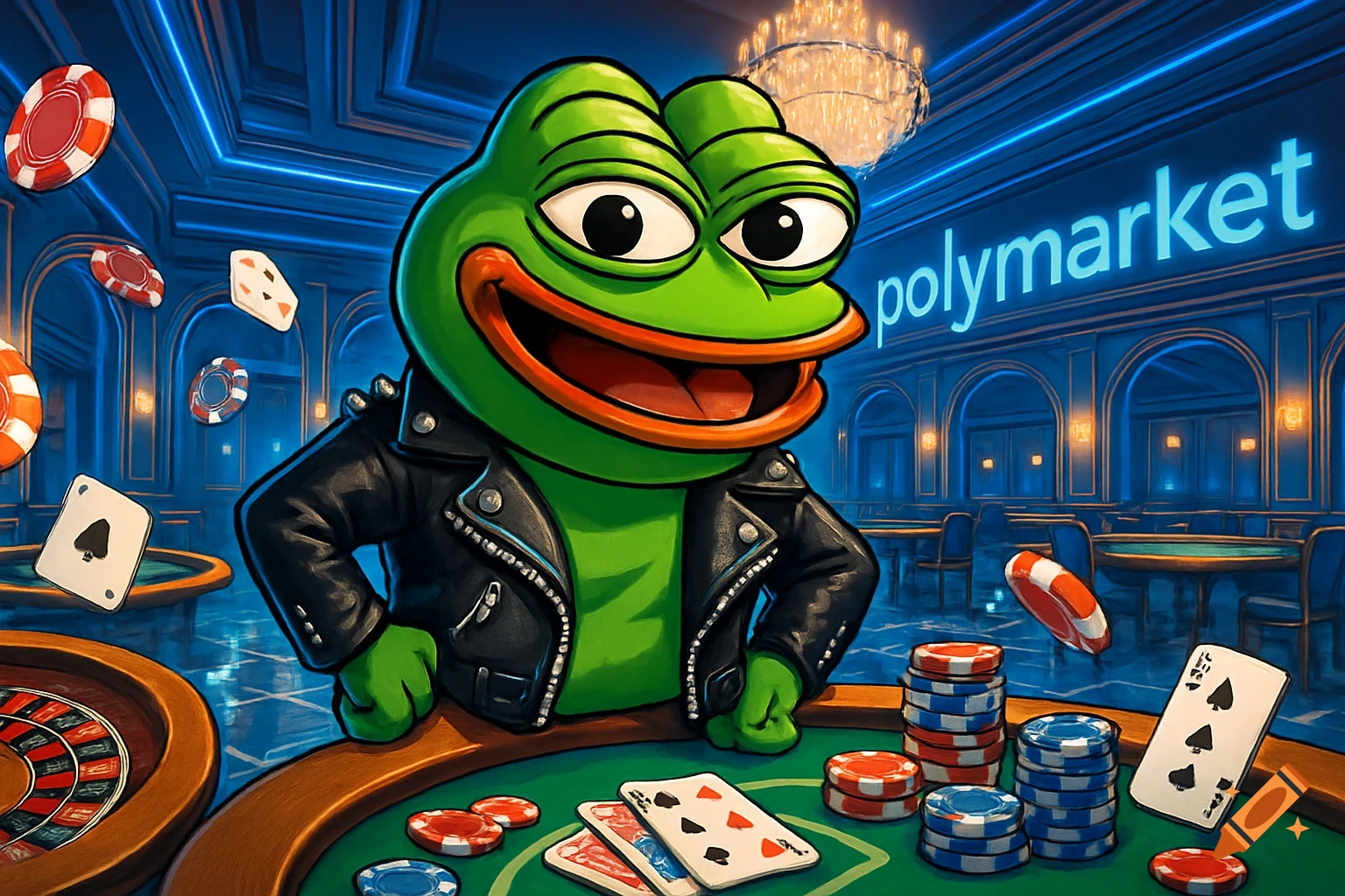 Cartoon Pepe the frog in a leather jacket at a casino table with chips and cards, smiling. 'Polymarket' on a blue wall.
