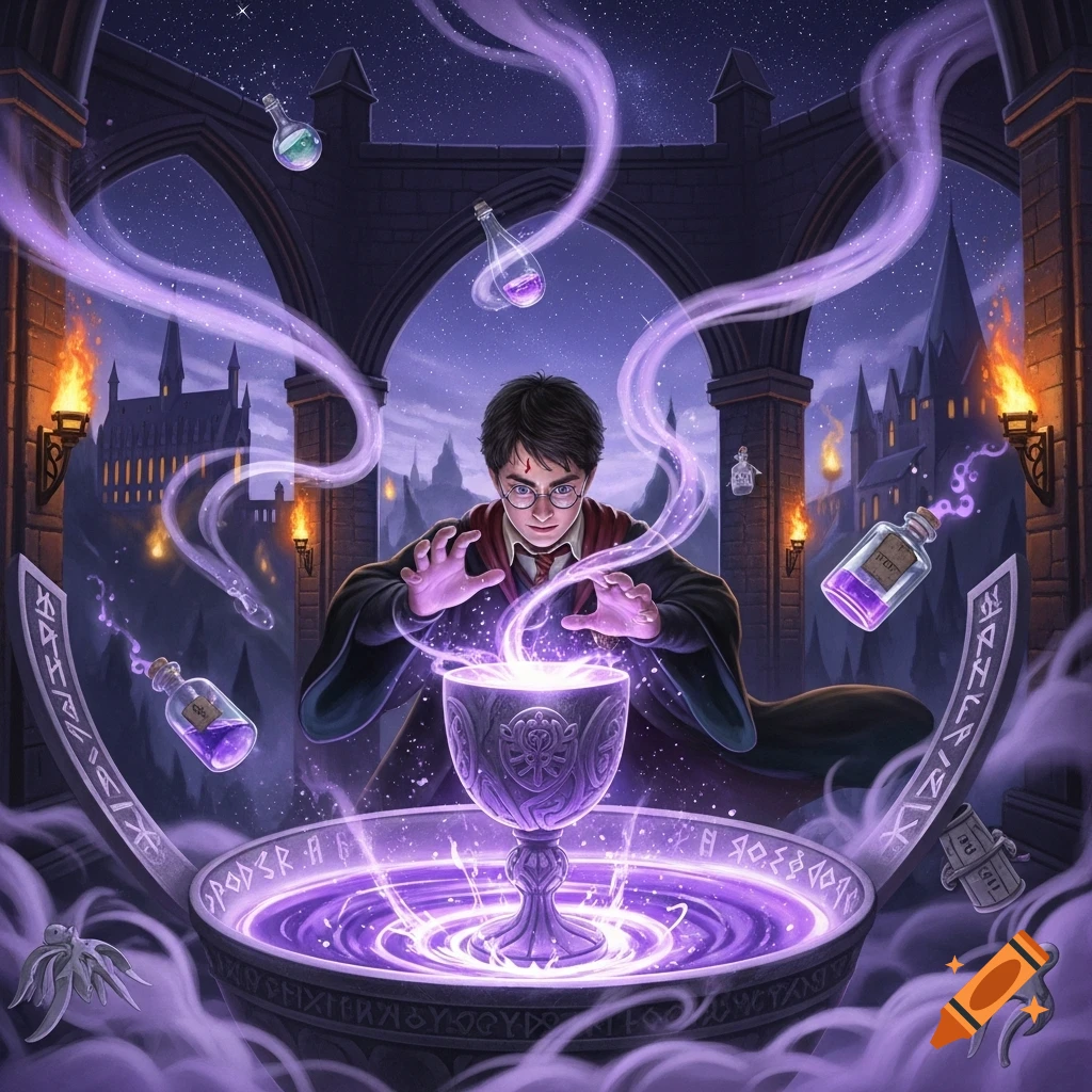 Harry Potter casts a purple glowing spell into a large ornate goblet, surrounded by swirling magic, floating potions, and a castle at night.