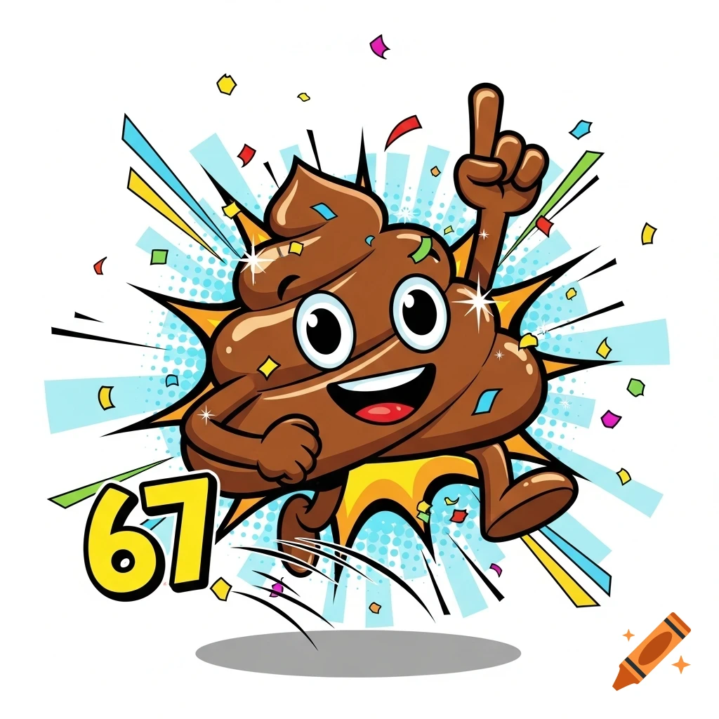 A happy poop emoji character points up, surrounded by confetti and a burst effect, with the number 67 in cartoon style.