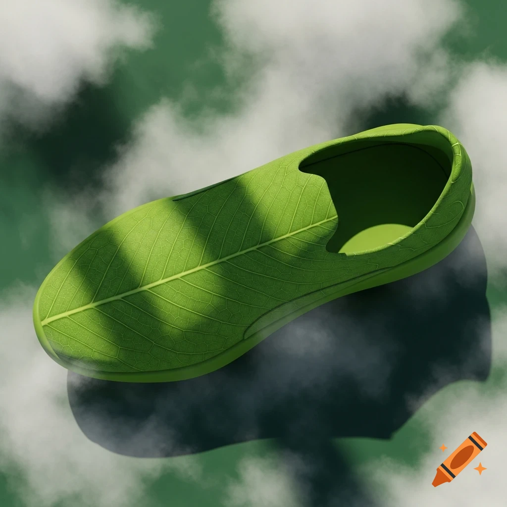 A green shoe shaped like a leaf, with prominent veins, floats above a misty, cloud-like green and white background, seen from a high angle.