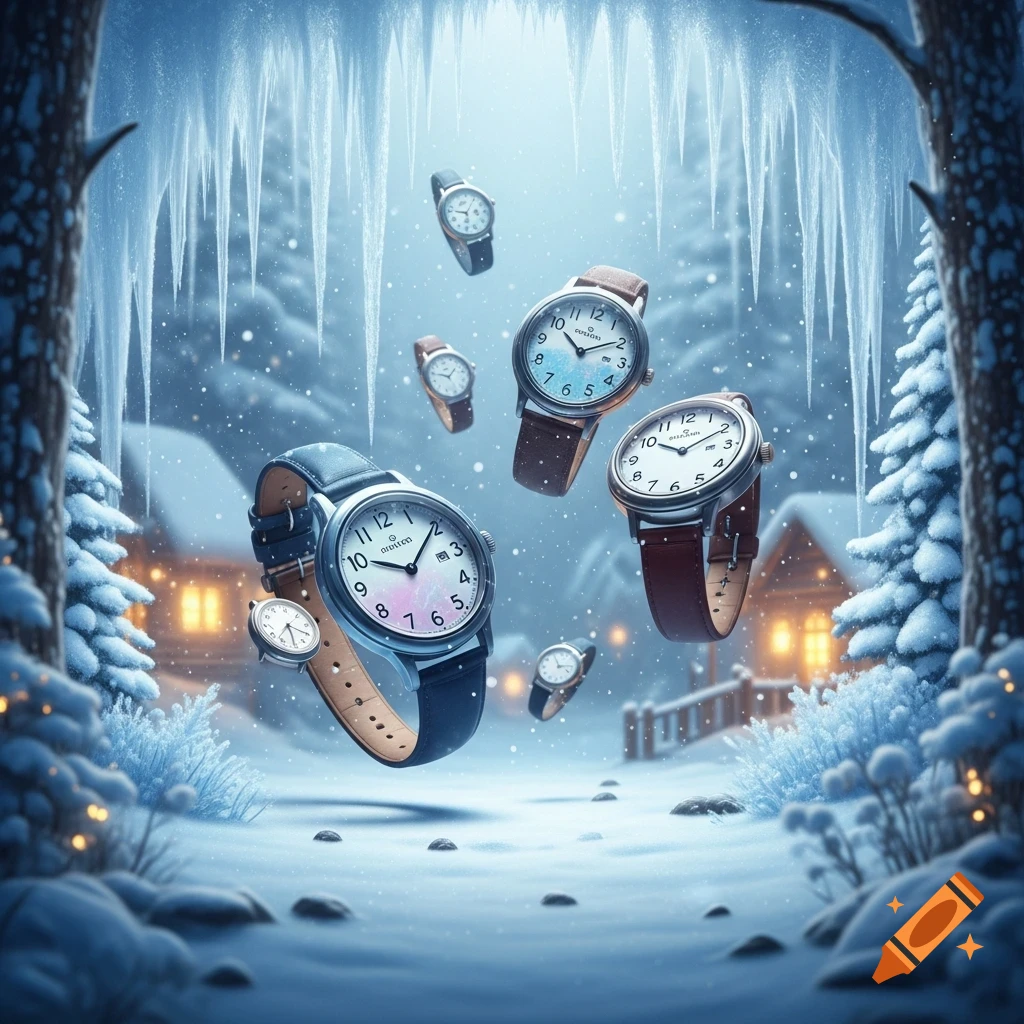 Multiple watches with leather straps float in a magical winter wonderland scene with snow-covered trees, icicles, and glowing cabins.