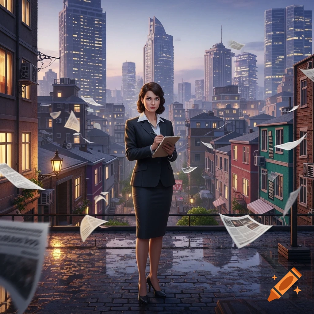 A journalist in a suit stands on a wet rooftop overlooking a city with flying papers.