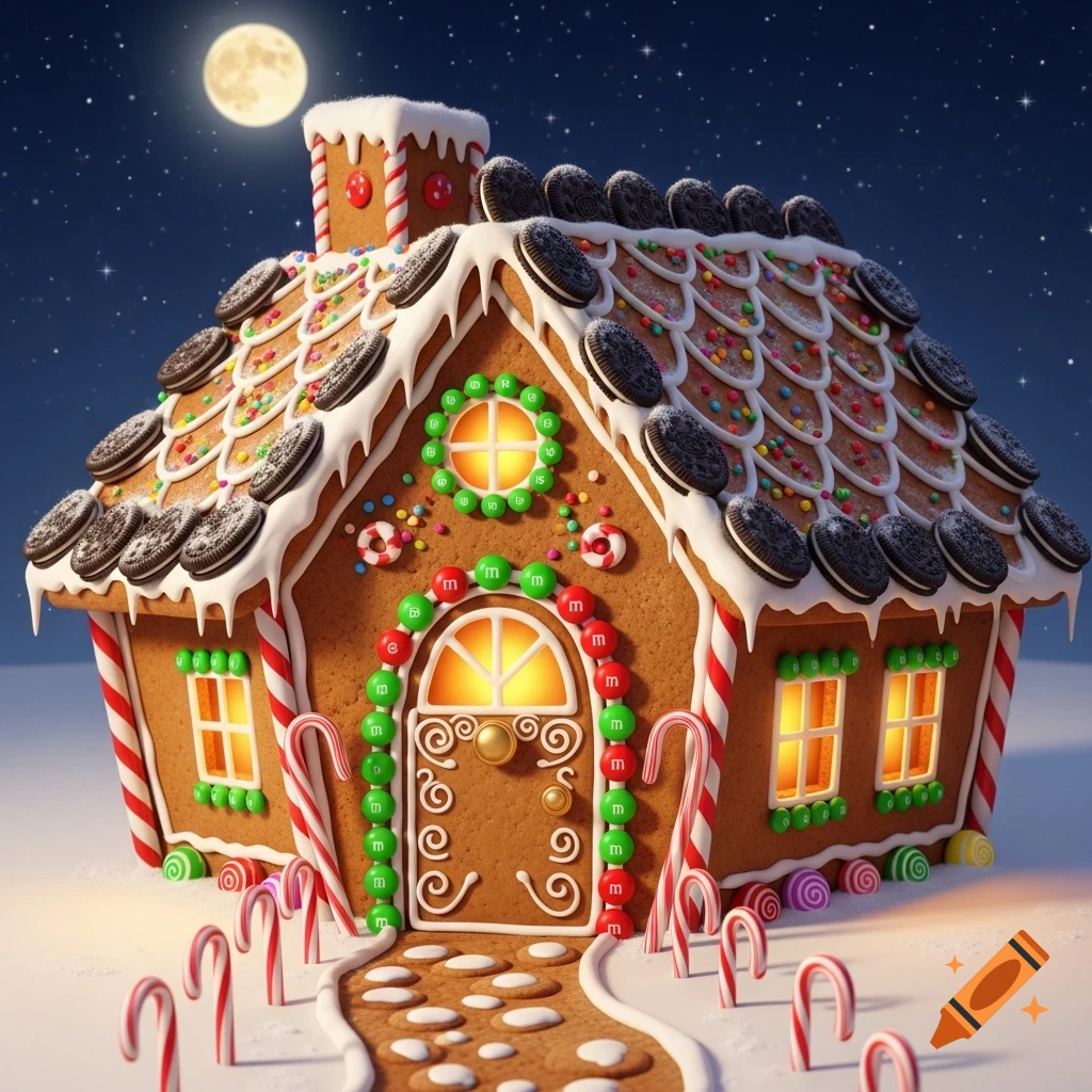 A festive gingerbread house decorated with candy canes, Oreos, sprinkles, and M&M's, under a starry night with a full moon.