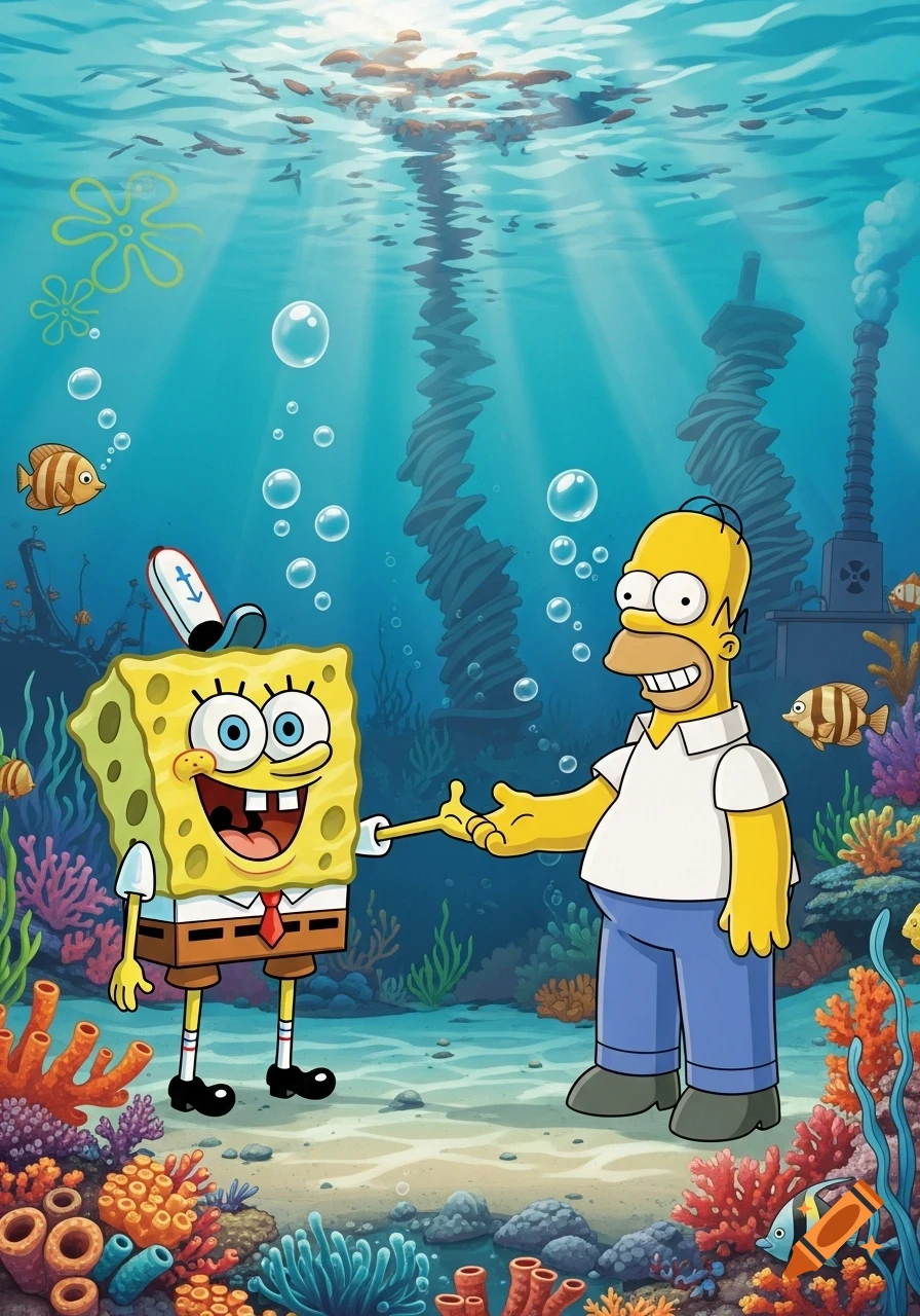 SpongeBob SquarePants and Homer Simpson meet underwater amidst colorful coral reefs and industrial structures.