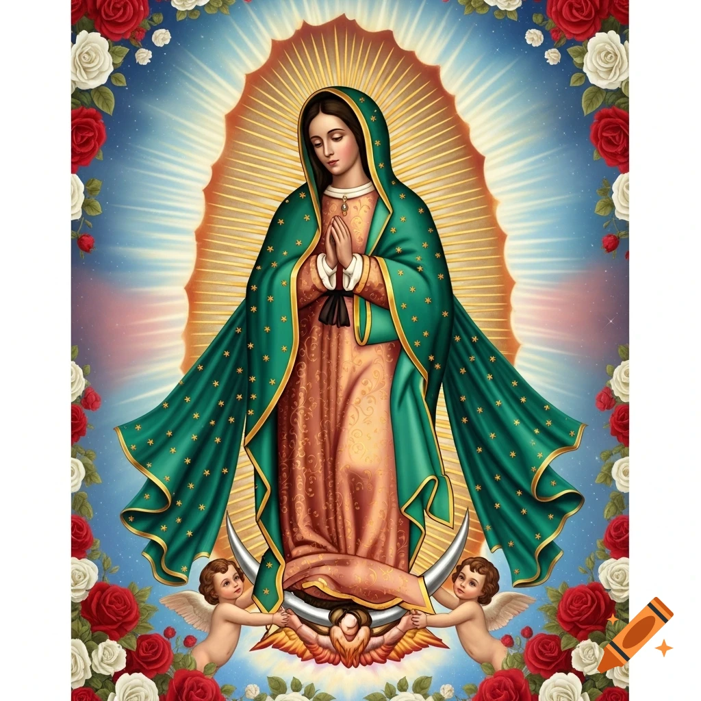 Virgin of Guadalupe stands with hands clasped, wearing a green starry mantle and rose-gold tunic, surrounded by radiant light, cherubs, and red and white roses.