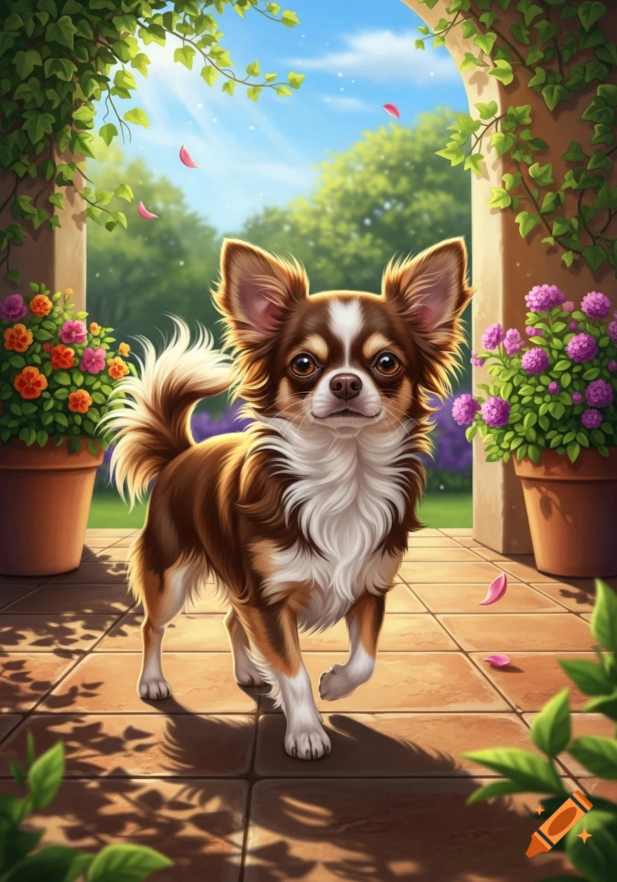 A fluffy brown and white chihuahua stands in a vibrant, sunny garden under a vine-covered archway, in a stylized illustration.