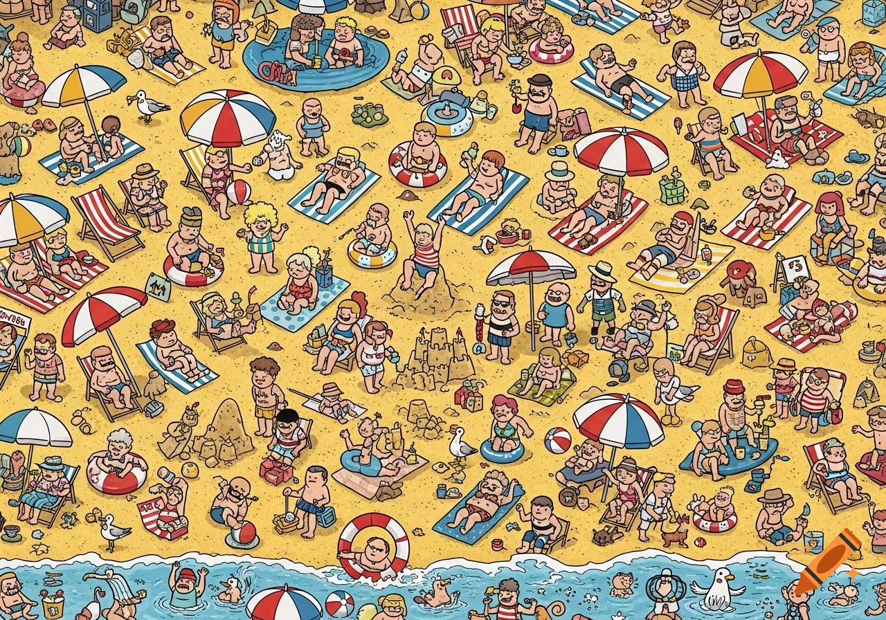A highly detailed, hand-drawn comic book illustration of a chaotic, crowded beach scene with hundreds of tiny people engaged in various activities.