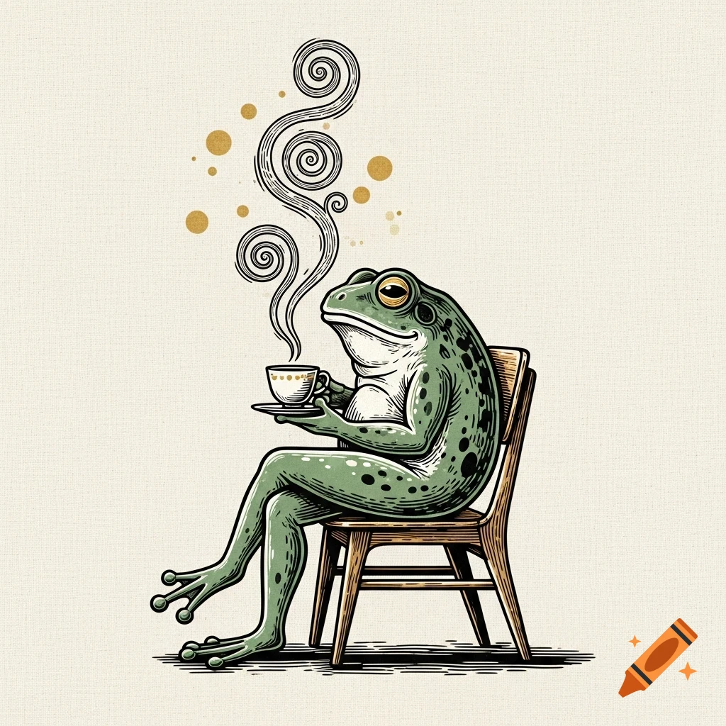 A stylized green frog sits on a wooden chair, holding a teacup with swirling steam, against a light textured background.