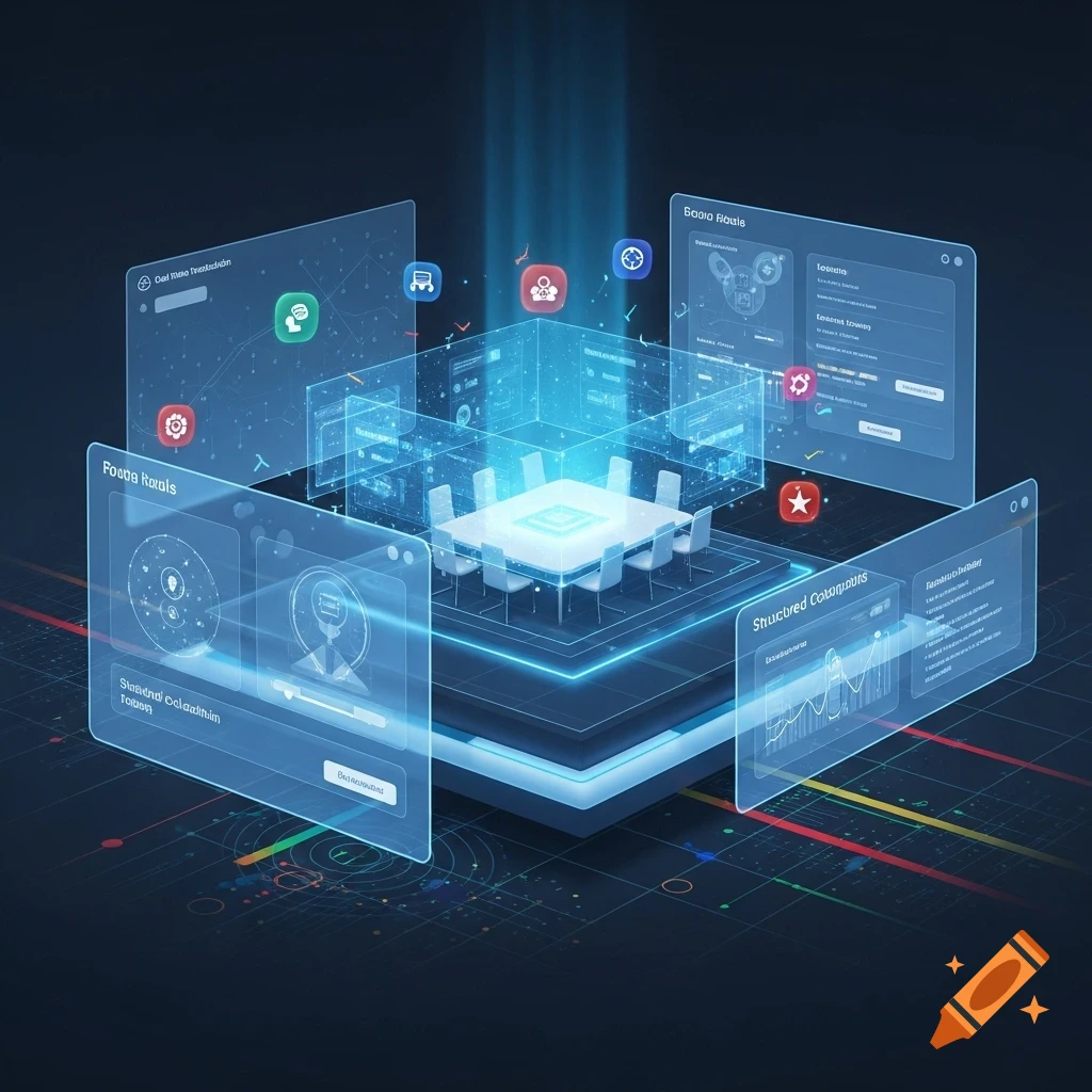 Futuristic digital meeting room with a glowing central table, surrounded by holographic screens displaying data and UI elements.