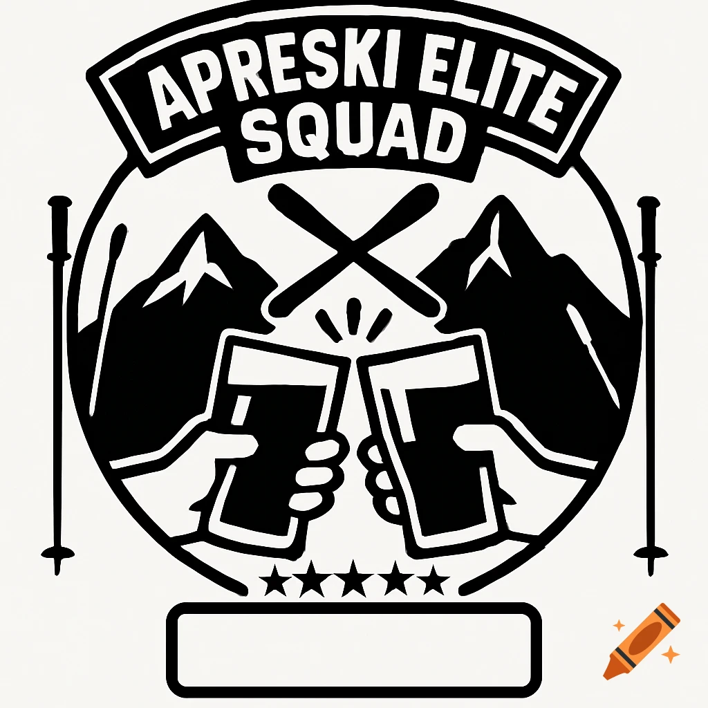 Black and white logo for "APRESKI ELITE SQUAD" featuring mountains, crossed skis, two hands clinking beer glasses, ski poles, and five stars.