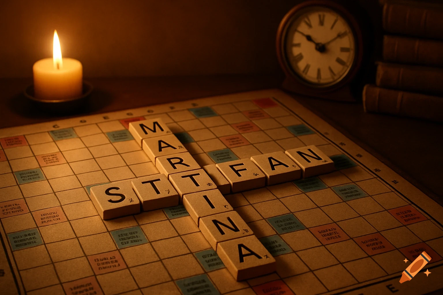 Scrabble game board under warm candlelight, spelling out 'Martina' and 'Stefan' with tiles. A vintage clock and books are in the background.