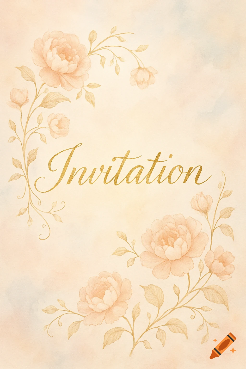 A watercolor invitation card with a peach and gold floral border and the word 'Invitation' in elegant gold script.