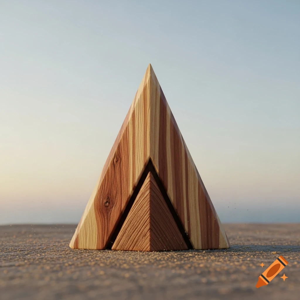 A wooden triangular sculpture sits on a textured sandy surface against a clear, soft-hued sky.