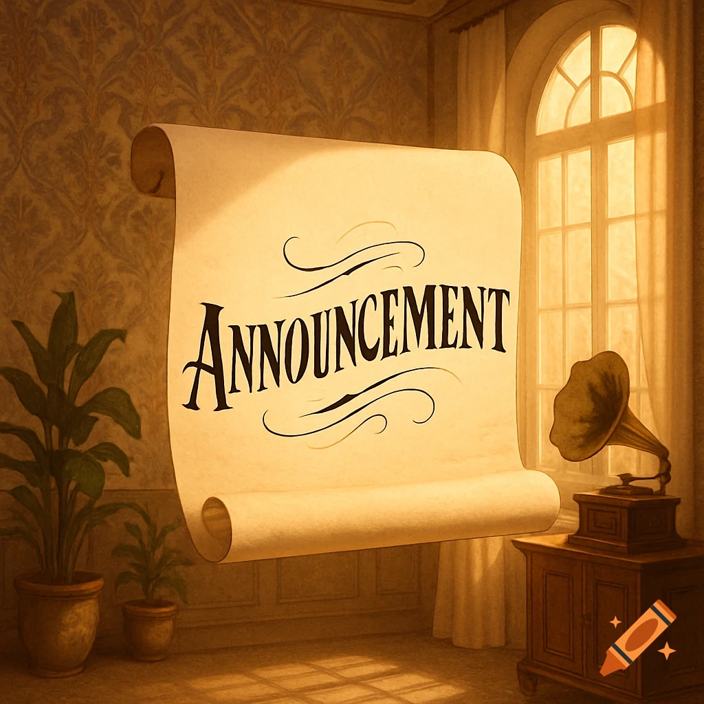 A vintage-style room with a large scroll displaying 'ANNOUNCEMENT' in elegant script, next to a gramophone.
