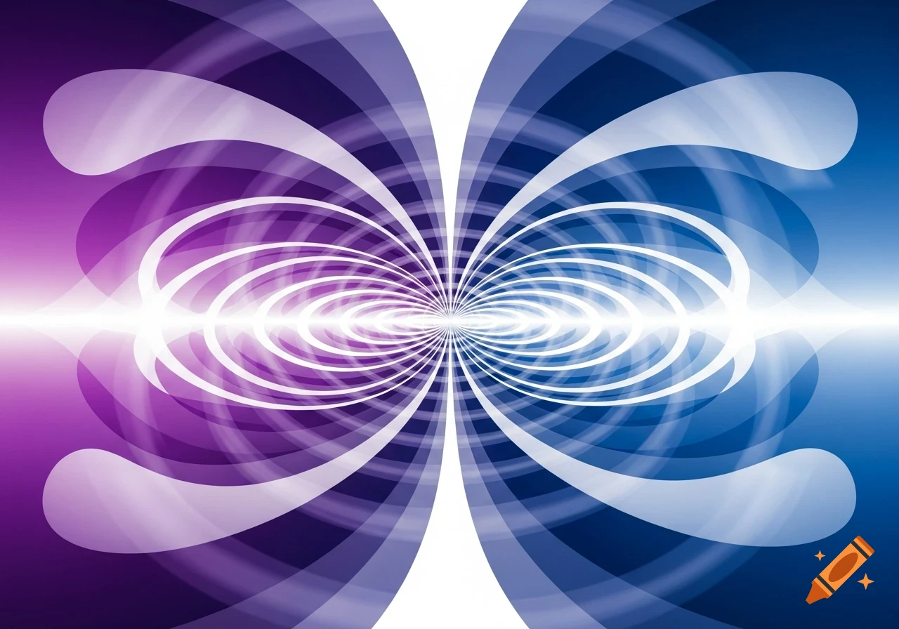 Abstract purple and blue graphic with swirling white lines and ovals emanating from a bright central light.