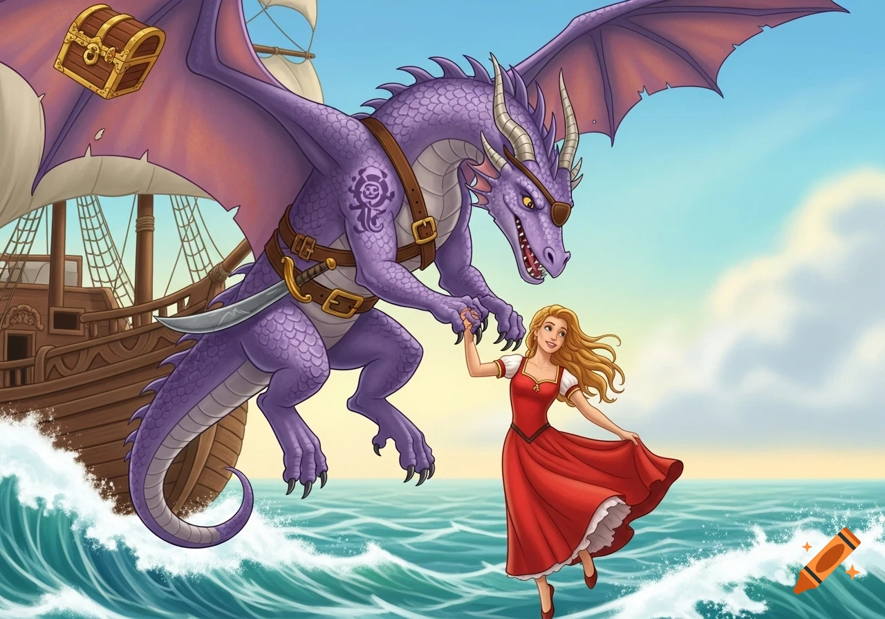 A vibrant storybook illustration of a purple pirate dragon with an eyepatch holding hands with a smiling woman in a red dress over a stormy sea with a ship in the background.