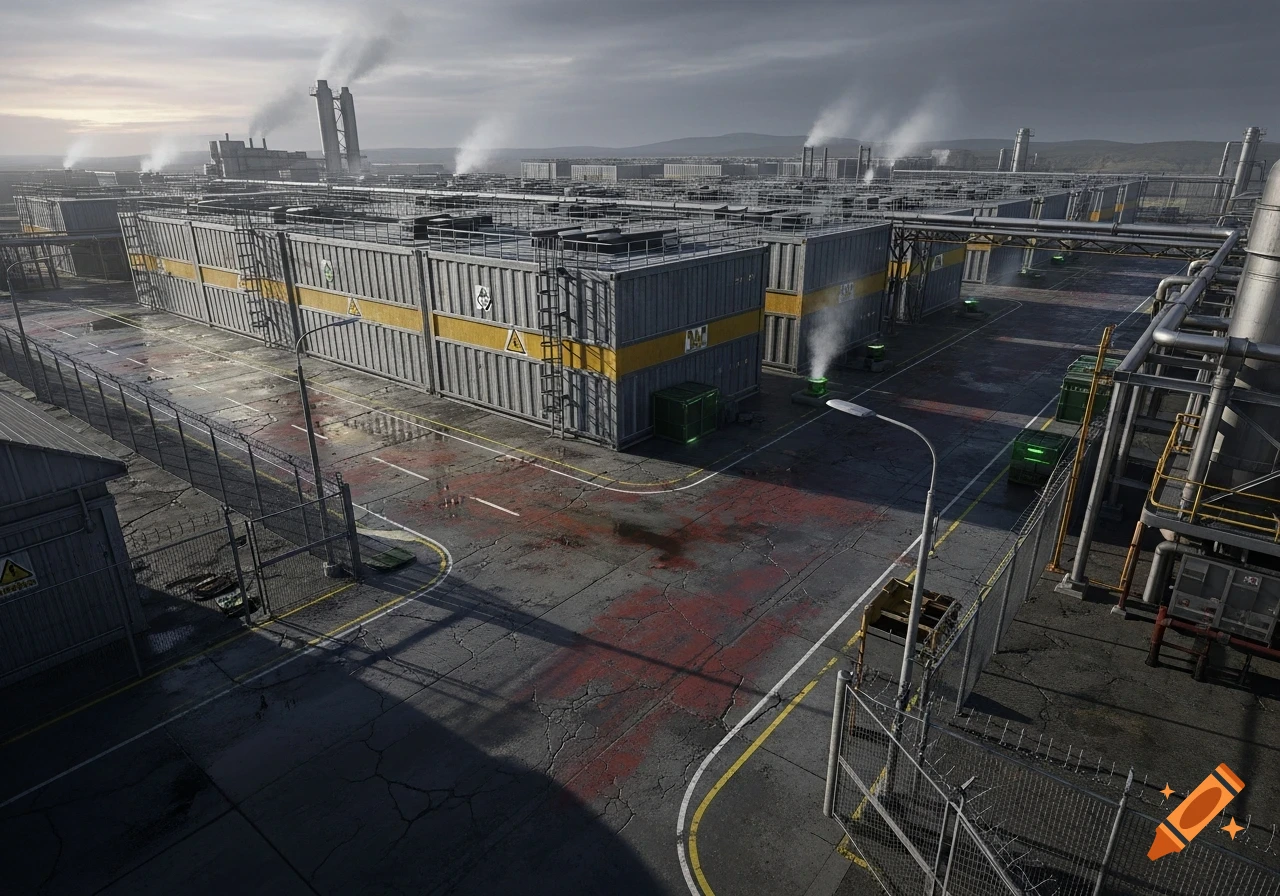 An aerial view of a sprawling industrial facility with numerous corrugated metal containers, warning signs, fences, and smokestacks under a cloudy sky.