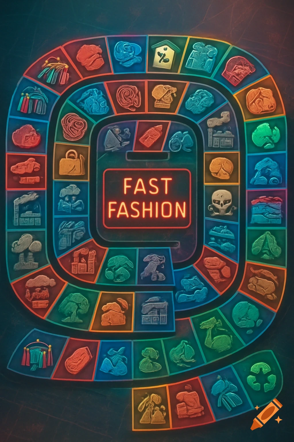A colorful, neon-lit board game graphic with icons representing aspects of fast fashion, titled 'FAST FASHION'.