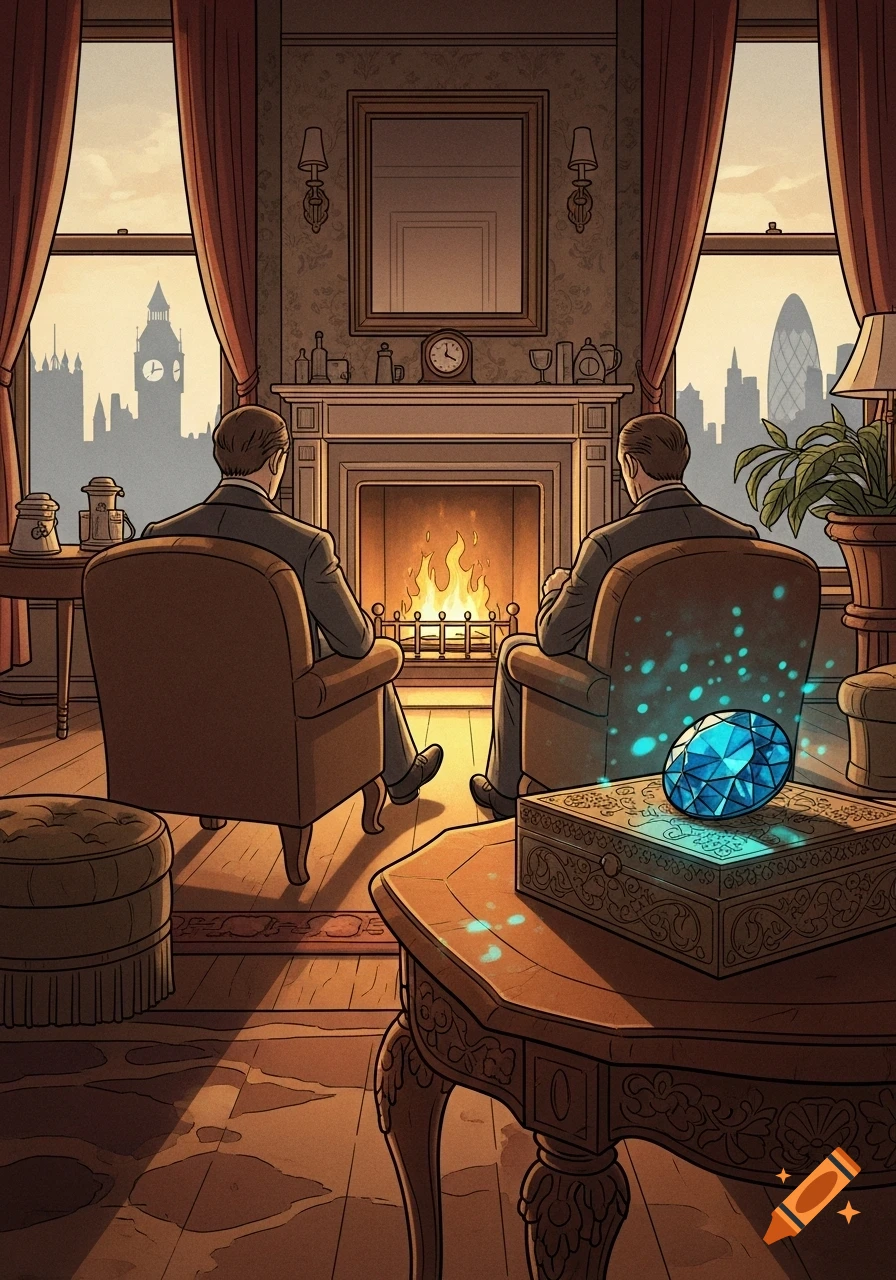 A semi-realistic illustration of two gentlemen sitting by a fireplace in a London apartment, a glowing blue carbuncle on a table.