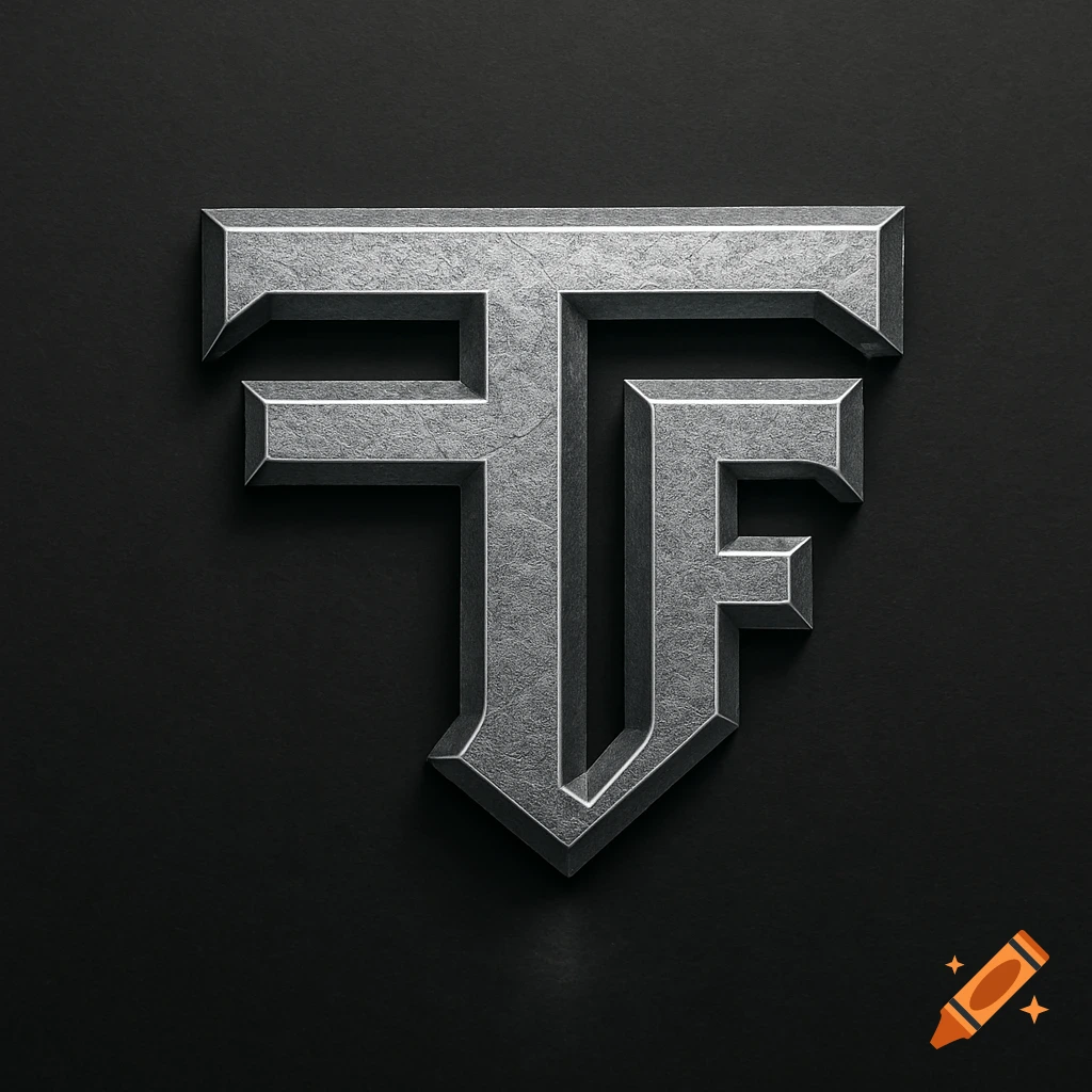 Stylized metallic logo with the letters T and F, textured like hammered iron, on a dark background.