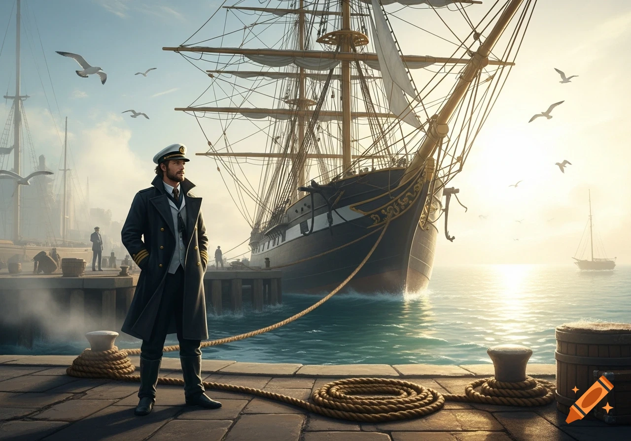 A bearded man in a captain's coat stands on a stone dock beside a large sailing ship. Seagulls fly overhead, sun shining on water.