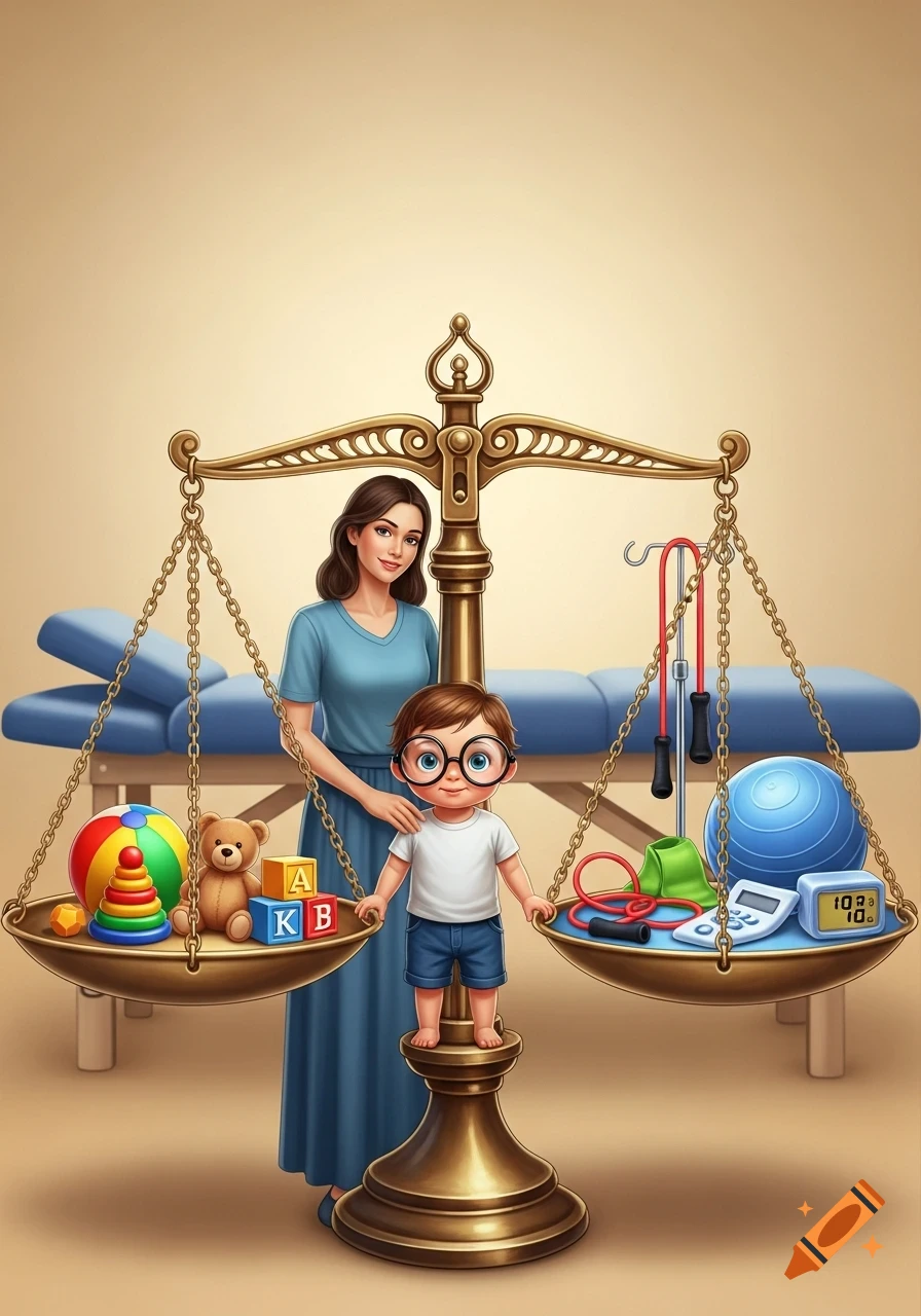 A mother and child stand by a golden scale. The left pan holds toys, while the right pan holds therapy items.