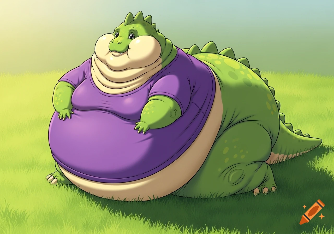 Extremely obese green cartoon dinosaur with chubby cheeks and small limbs, wearing a purple t-shirt, sitting on green grass.