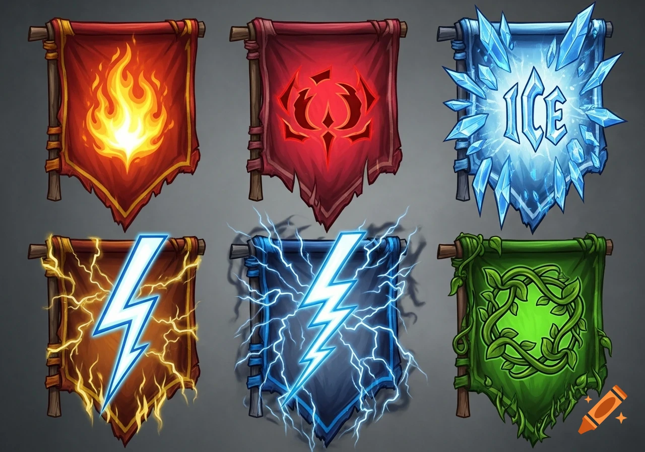 Six fantasy banners in a Hearthstone-like style, featuring symbols for fire, an emblem, ice with 'ICE' text, two lightning bolts, and nature vines.