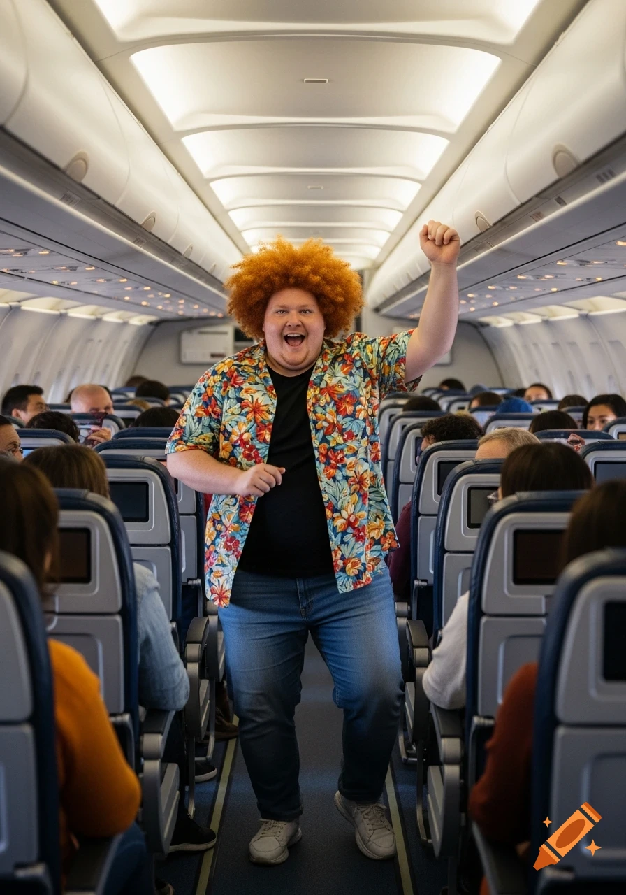 A cheerful man with a ginger afro, wearing a floral shirt, dances in an airplane aisle with a raised fist, smiling broadly.