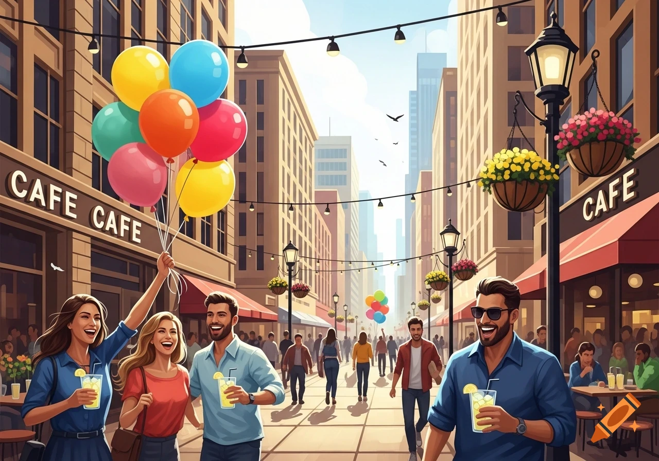 A colorful illustration of people walking and celebrating on a vibrant city street lined with cafes, holding balloons and drinks.