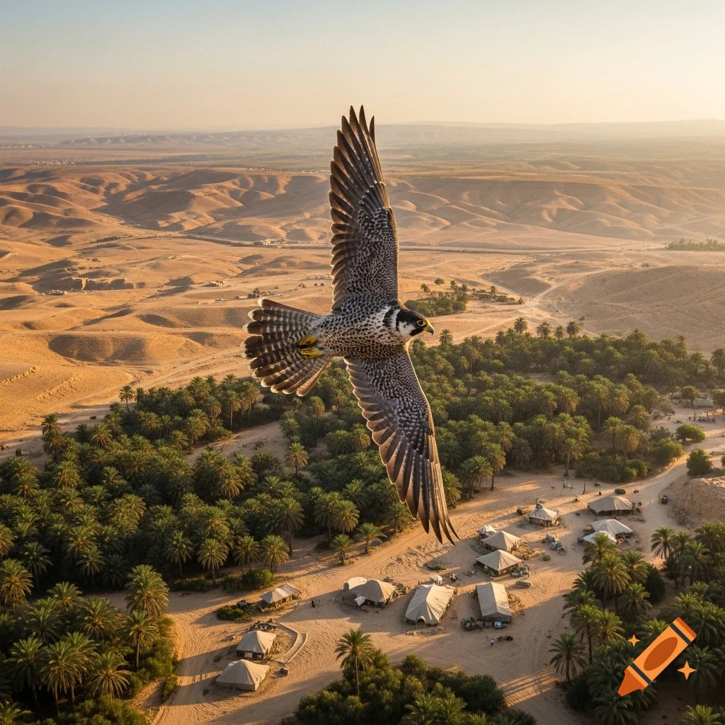 A photorealistic falcon soars over a lush desert oasis with palm trees and tents, against a backdrop of rolling sand dunes.