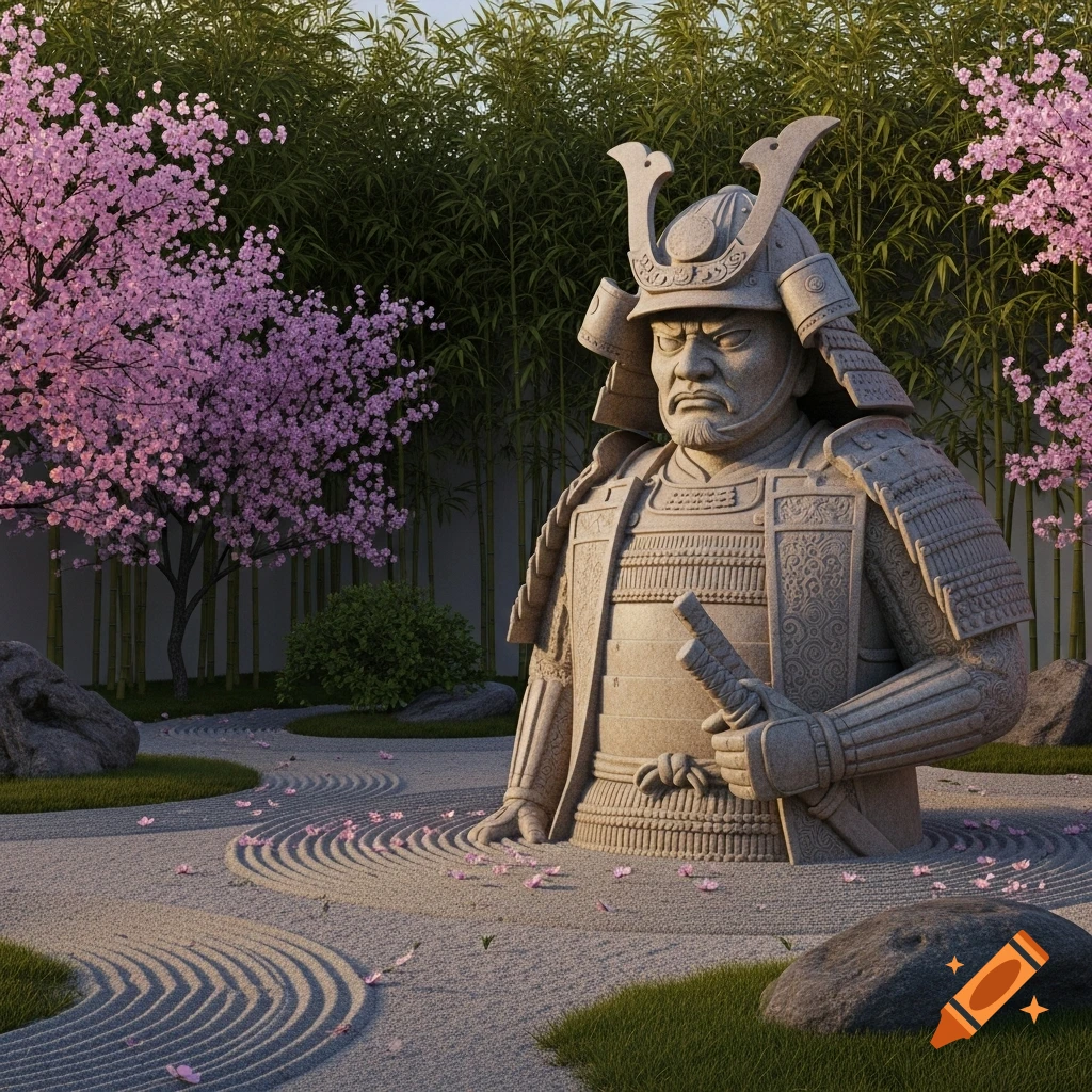 A realistic stone samurai statue in a Japanese zen garden with pink cherry blossoms and bamboo.