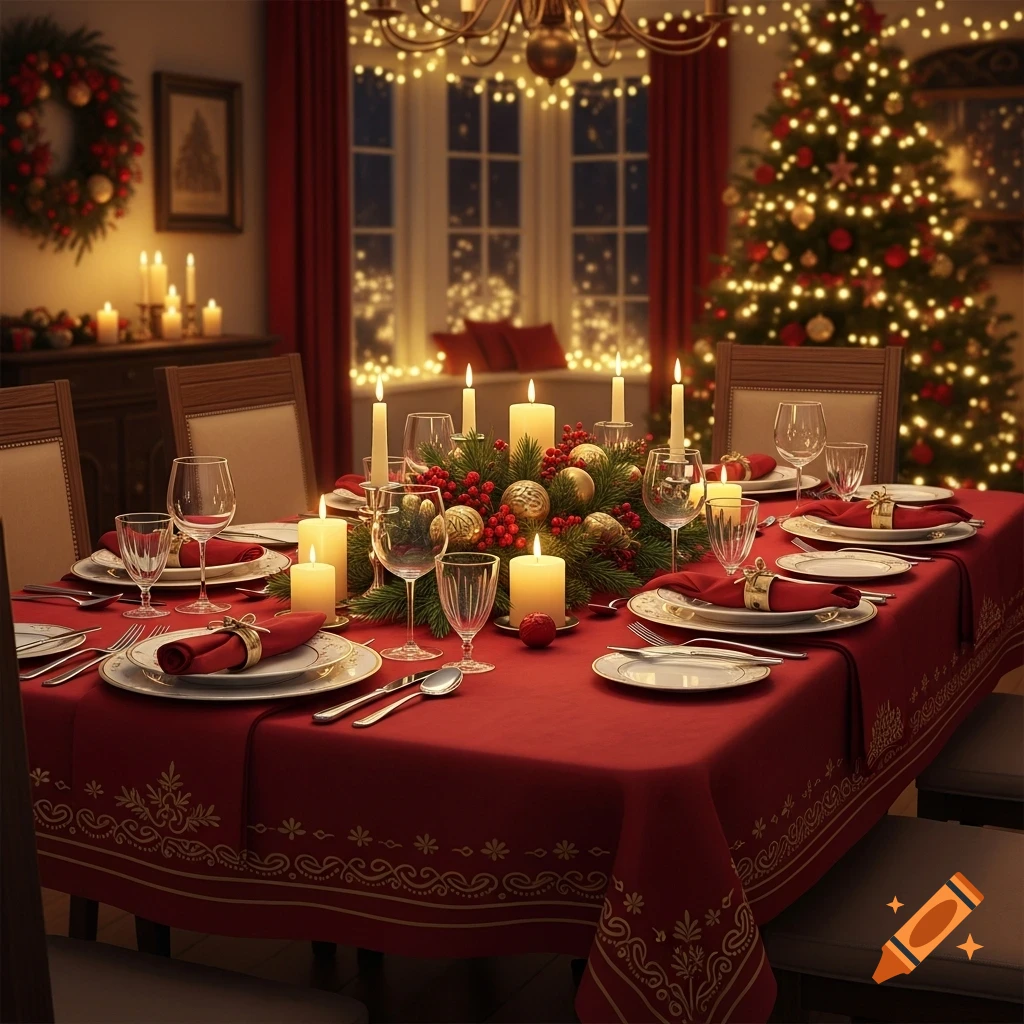 Photorealistic Christmas dinner table set with red cloth, candles, festive centerpiece, and a decorated Christmas tree in the background.