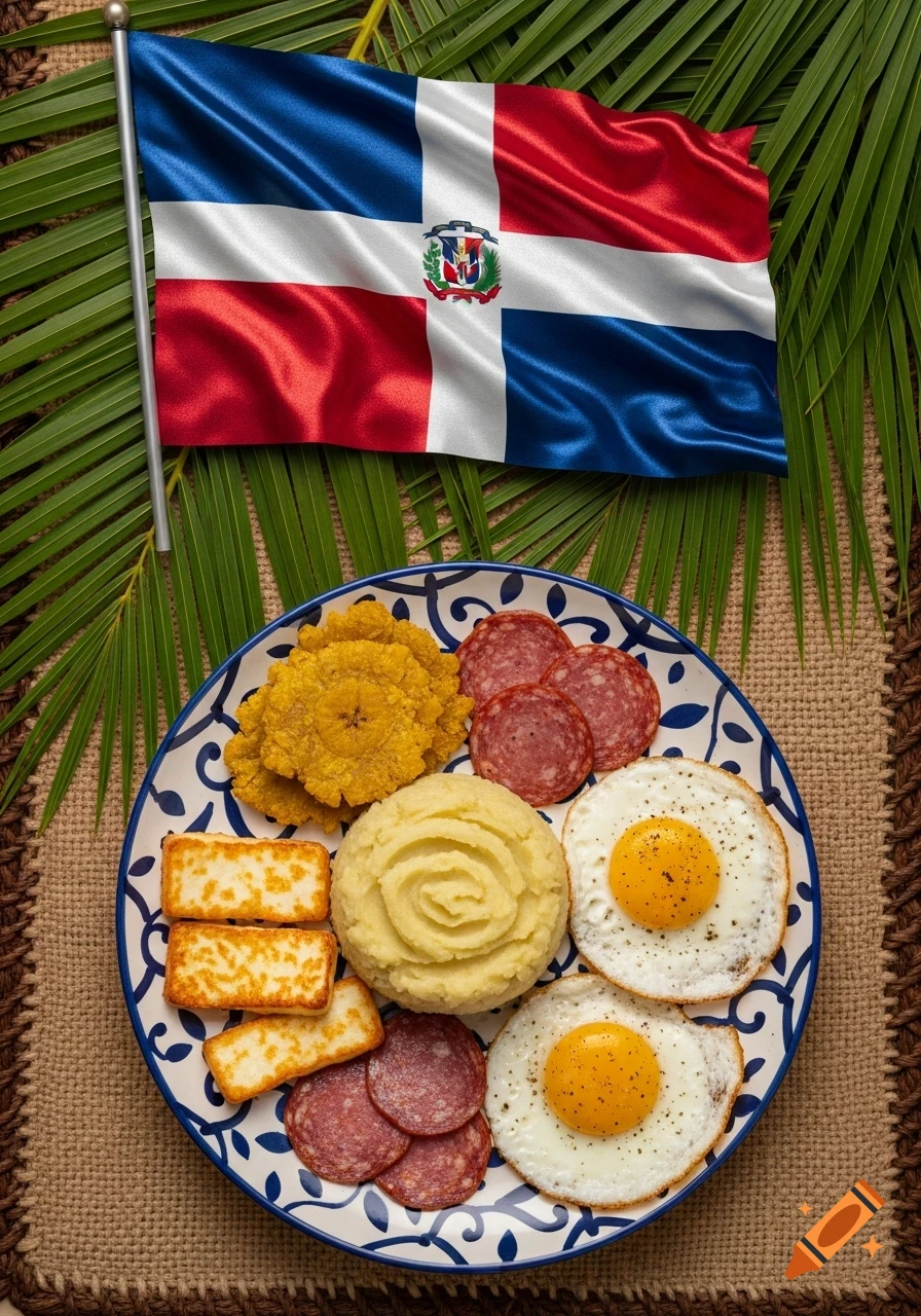 A Dominican Republic flag waves above a plate of mangu con tres golpes, featuring mashed plantains, fried cheese, salami, and two fried eggs, set on a textured placemat with palm leaves.