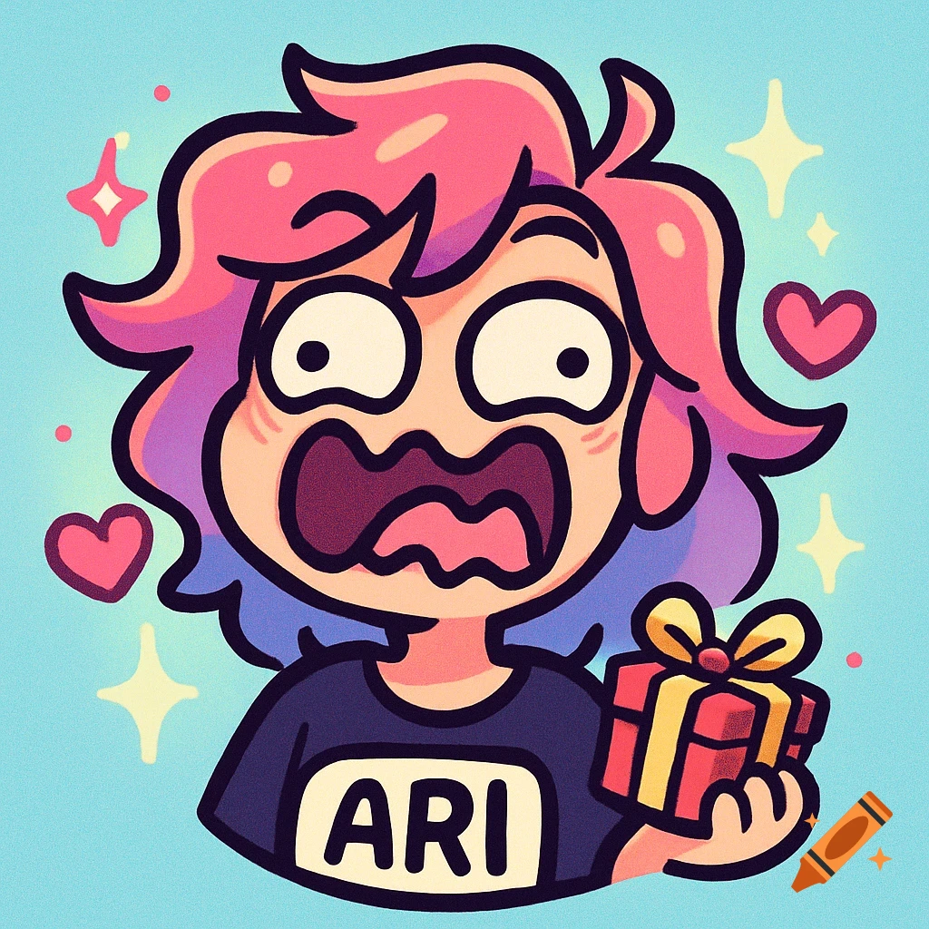 A cute cartoon avatar with pink and purple hair, big surprised eyes, wearing an "ARI" shirt, holding a gift, surrounded by hearts and sparkles on a blue background.