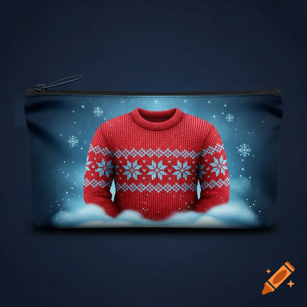 A dark blue zippered pouch features a design of a red knitted sweater with light blue snowflake patterns, surrounded by falling snow.