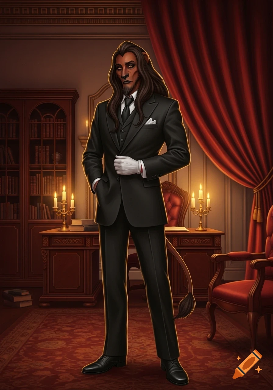 Personified Scar from The Lion King in a black suit and white gloves, standing in an elegant study.