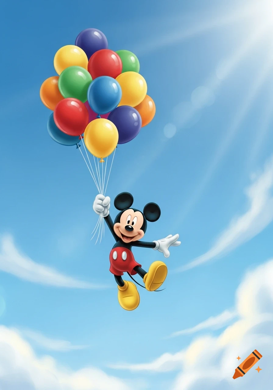 Cartoon Mickey Mouse happily floats in a bright blue sky, holding a large bunch of colorful balloons.