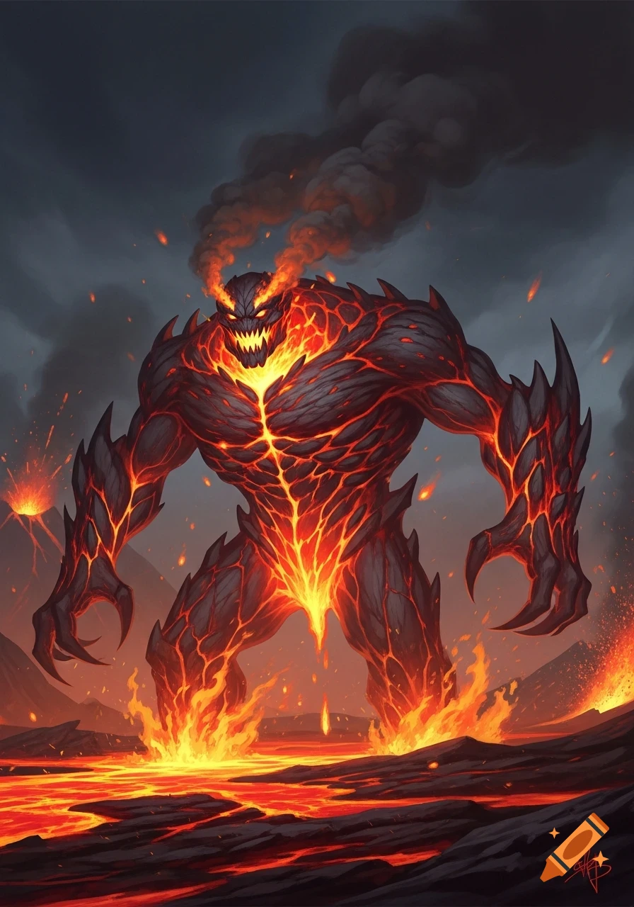 A fierce lava monster with glowing cracks, sharp teeth, and smoke ...