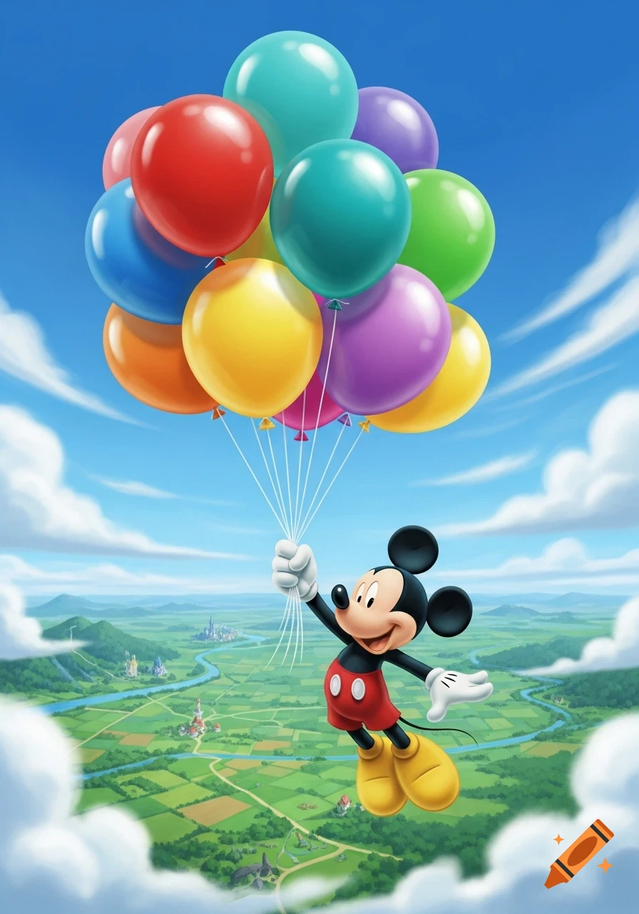 Cartoon Mickey Mouse floats high above a green landscape, holding a large bunch of colorful balloons against a blue sky.