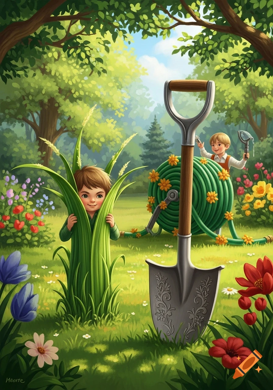 A whimsical illustration of two smiling boys playing in a lush garden, with a shovel and hose nearby.