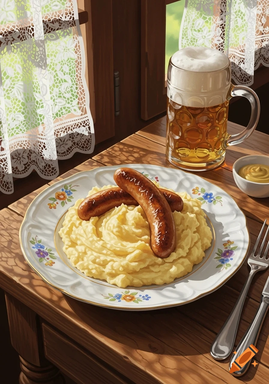 A digital painting of mashed potatoes with sausages, a beer mug, and mustard on a sunlit wooden table with lace curtains.