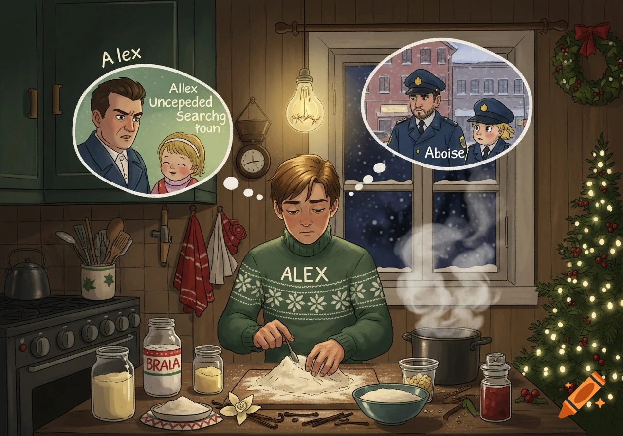 A young man named Alex in a green Christmas sweater bakes in a cozy kitchen, having thoughts about an angry man with a child and police officers outside in the snow. It's a warm, illustrative style.