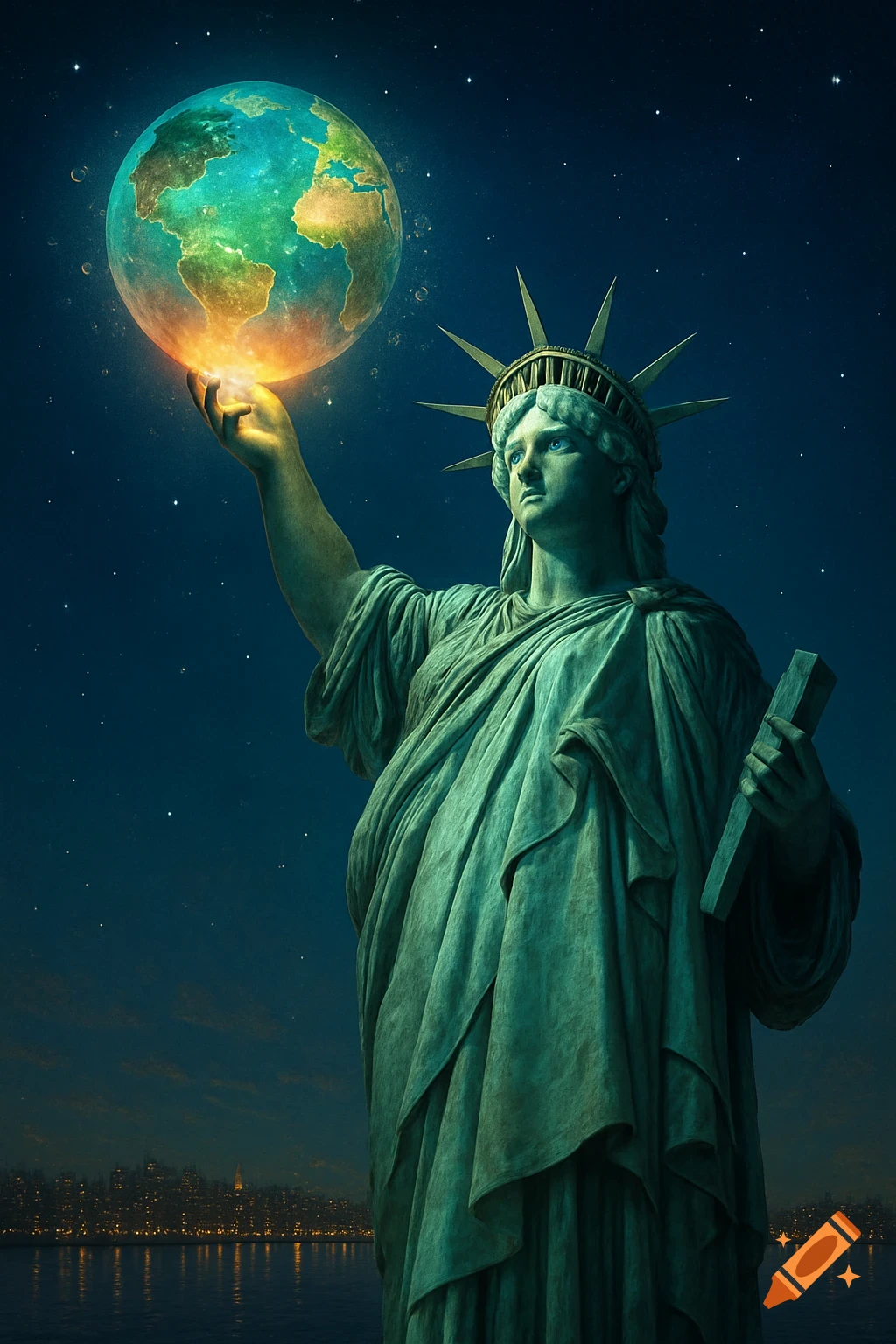 Statue of Liberty holding a glowing Earth against a starry night sky with a city skyline, in a photorealistic style.