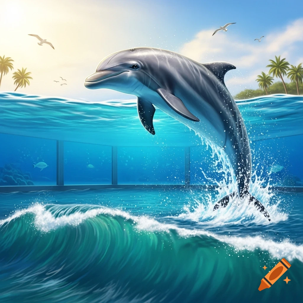 A vibrant illustration of a dolphin leaping out of a blue ocean wave, with palm trees and an underwater aquarium visible.